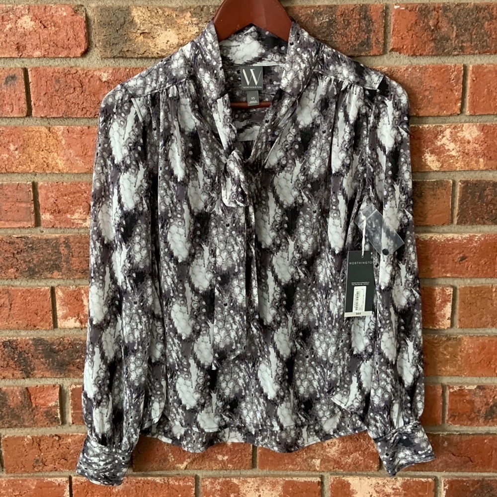 Worthington Gray Print Tie Neck Long Sleeve Blouse